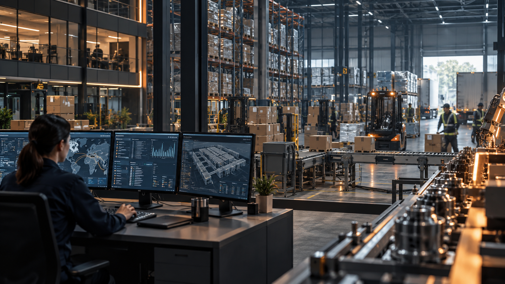 Centro de control logístico e industrial con visualización operativa.